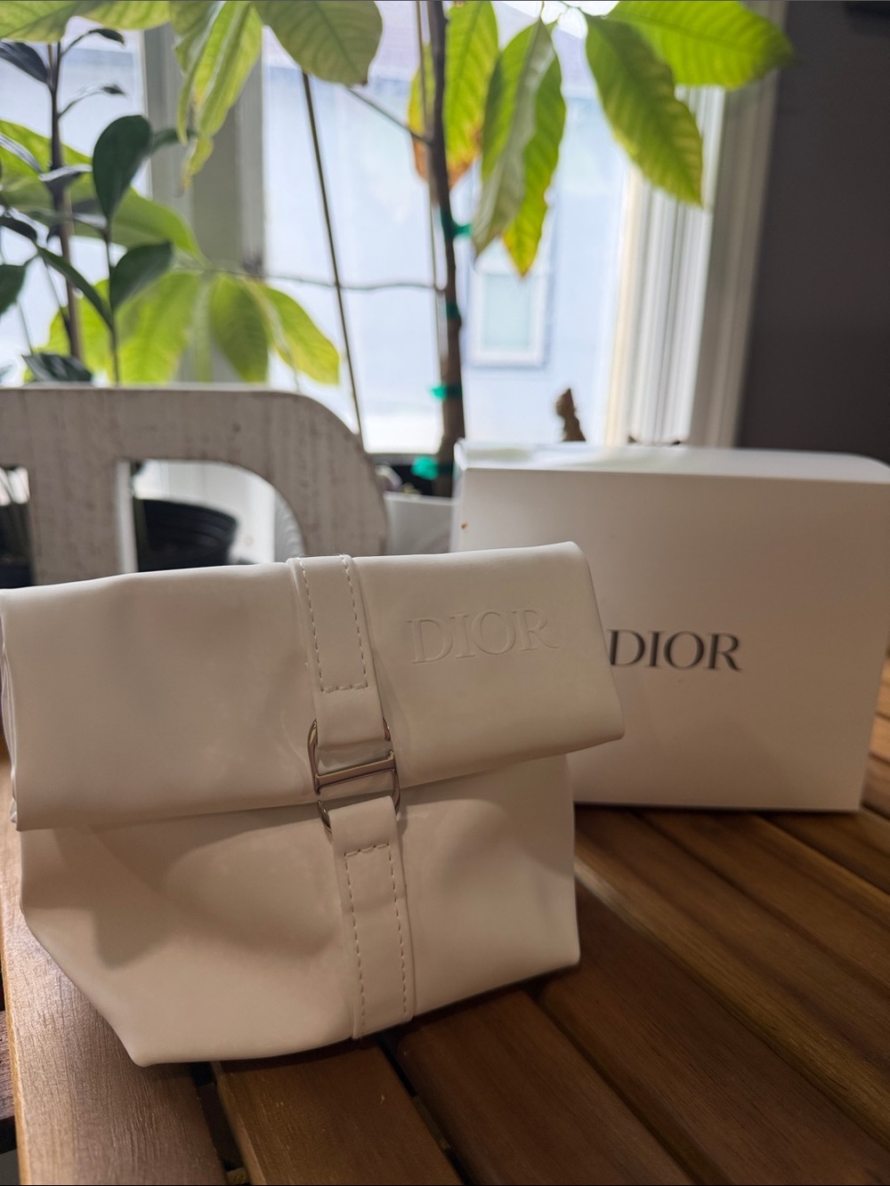Dior Cream Leather Fold-Over Clutch with Silver Buckle